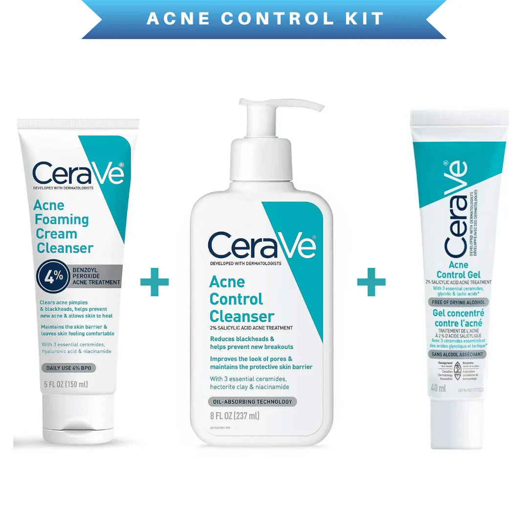 CeraVe Complete Acne Control Skincare Bundle – Cleanser + Foaming Cleanser + Acne Control Gel for Clear, Hydrated Skin