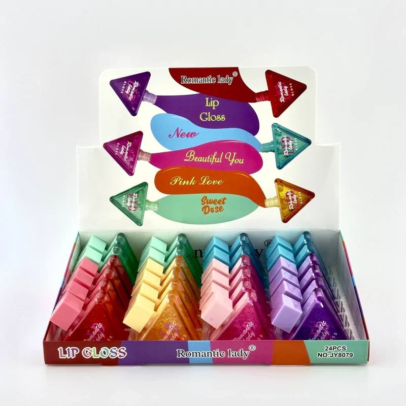 Romantic Lady Lip Gloss – Colorful Triangle Tube (24 PCS Set) for Lip Care