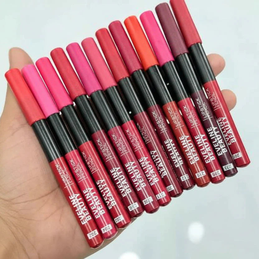 Eveline Beauty Jumbo Lip Pencils Pack of 12 | Creamy Long-Lasting Lip Color & Lip Liner Set