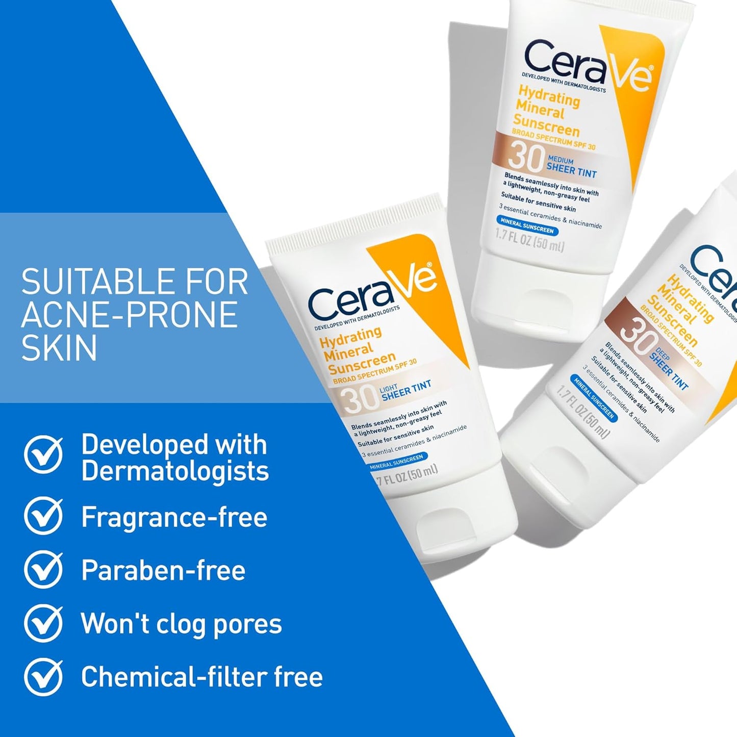 CeraVe Hydrating Mineral Sunscreen SPF 30 Face Sheer Tint (50ml)