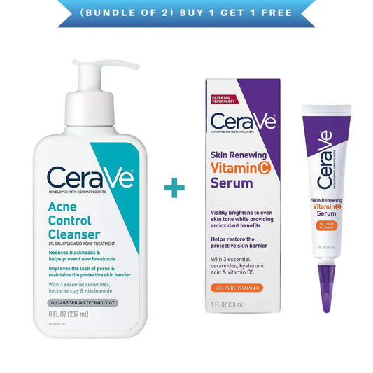 CeraVe Acne Control & Vitamin C Serum Skincare Bundle – Cleanser + Brightening Serum for Clear, Healthy Skin