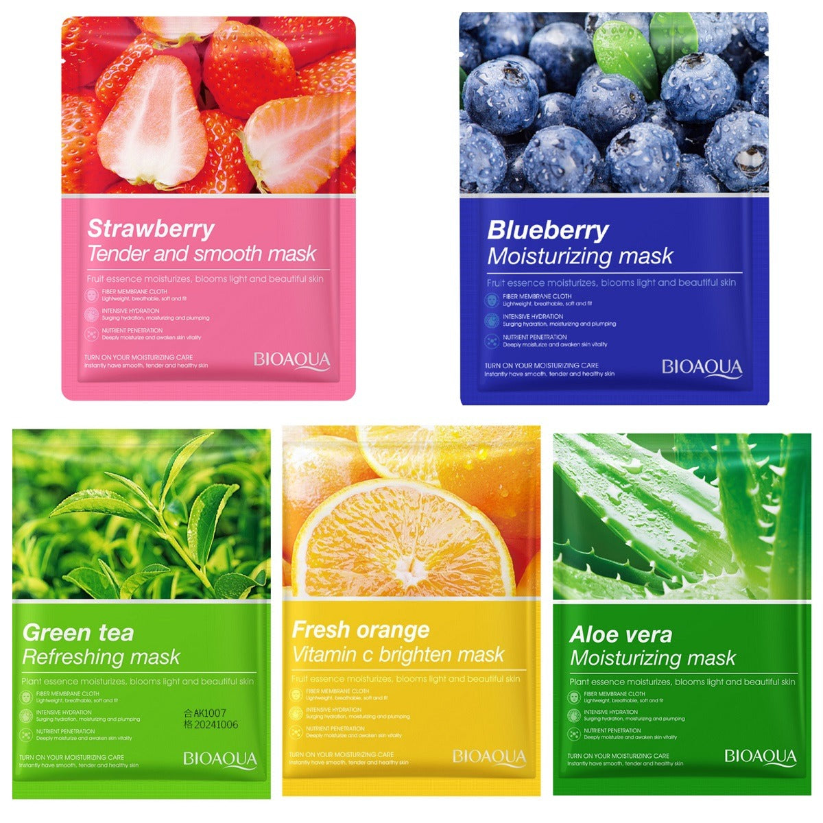 Bioaqua Pack Of 5 Fruit Plant Extract Moisturizing Brighten Facial Sheet Mask For Skin Care